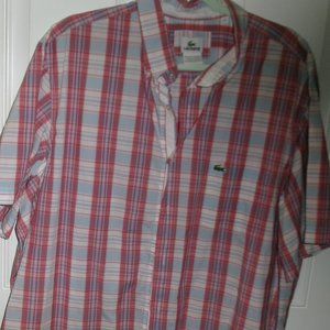 Lacoste XLT pink plaid casual button front short sleeve shirt